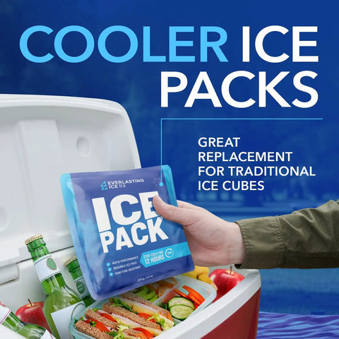 Performance Reusable Ice Packs For Lunch Boxes Lunch Bags And Coolers Four Pack Keeps Your Food Cold For Up To Twelve Hours Perfect For Camping Outdoors And Beach Trips shown in cooler with drinks and sandwich