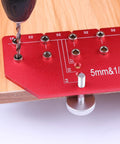 Close-up of 11 Hole All Metal Shelf Pin Jig With Self Contained Clamping For Easy No Fuss Drilling Drill Guide in use on wood