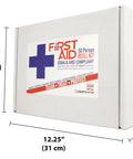 White cardboard first aid kit refill box, 12.25 by 9 by 3.25 in, 208 pieces, OSHA/ANSI.