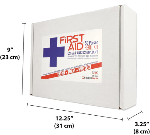 White cardboard first aid kit refill box, 12.25 by 9 by 3.25 in, 208 pieces, OSHA/ANSI.