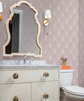 Kick Your Space Into Overdrive With Fresh Geometric Stripes Leather Texture Vinyl Wallcovering Built Tough For Busy Workspaces And Custom Home Makeovers That Stay Straight Up Solid And Fully Ready To Paste. Bathroom with elegant geometric wallpaper.