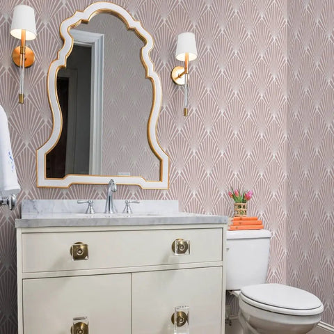 Kick Your Space Into Overdrive With Fresh Geometric Stripes Leather Texture Vinyl Wallcovering Built Tough For Busy Workspaces And Custom Home Makeovers That Stay Straight Up Solid And Fully Ready To Paste. Bathroom with elegant geometric wallpaper.