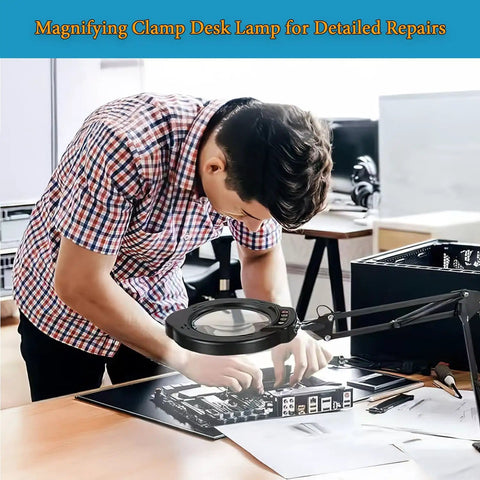 Man using Dope 15X Magnifying Glass Desk Lamp With Metal Base 360 Degree Rotatable Aluminum Arms for electronic repairs