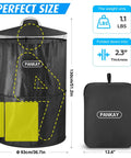 Pop Up Privacy Tent For Camping And Emergencies showing dimensions, lightweight at 1.1 lbs, with carry bag, 36.7 in diameter by 51.2 in high.