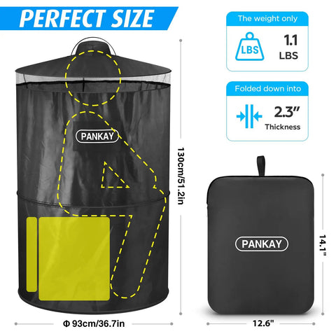 Pop Up Privacy Tent For Camping And Emergencies showing dimensions, lightweight at 1.1 lbs, with carry bag, 36.7 in diameter by 51.2 in high.
