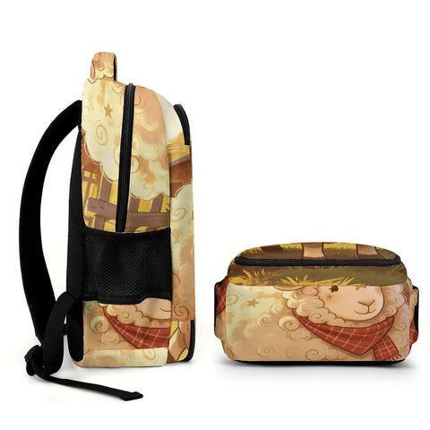 Side view of Farmhouse Lamb Print Backpack For Everyday Carry, Unisex Large Capacity Daypack with lamb illustration.