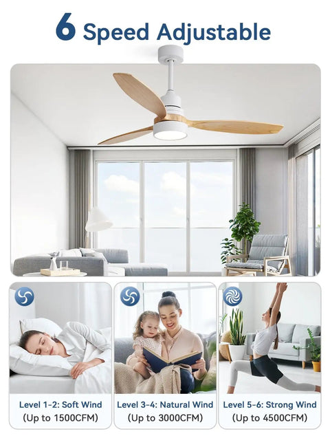 52 Inch Modern Wood Ceiling Fan With Lights Remote Control Reversible DC Motor Quiet for living room, 3 wood blades, downrod installed.