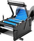 Heavy Duty Manual Bottle Labeling Machine For Cans And Plastic Glass Bottles With Widening Design For Easy Use, showing blue labeling roll.