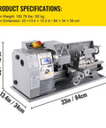 Heavy Duty 210Mm X 400Mm Mini Metal Lathe With Variable Speed Control Up To Two Thousand Two Hundred Fifty Rpm features MT5 spindle and digital display, showcasing dimensions.