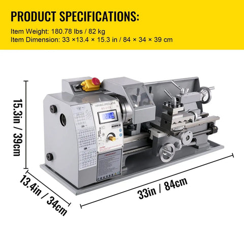 Heavy Duty 210Mm X 400Mm Mini Metal Lathe With Variable Speed Control Up To Two Thousand Two Hundred Fifty Rpm features MT5 spindle and digital display, showcasing dimensions.
