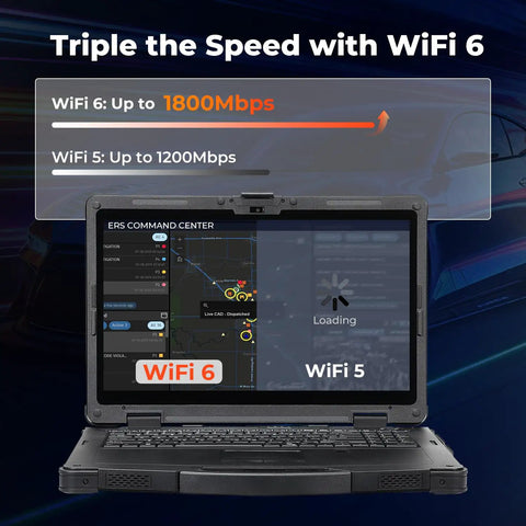 Tough As Nails Rugged Laptop With 15.6 Inch Sunlight Readable Display showing WiFi 6 speed capabilities for heavy computing tasks.