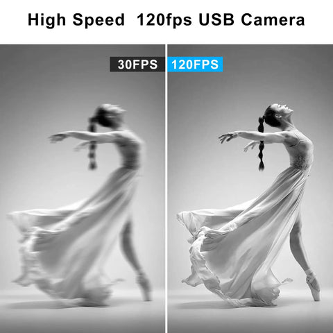 High Speed Monochrome USB Camera Boasting Rock Solid Global Shutter Tech Cuts Rolling Artifacts Dead Flat capturing ballet dancer motion at 120fps.