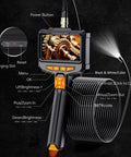 Pro Borescope Camera With Light, 4.3 Inch HD Screen, showing features and control buttons, coiled 16.4FT semi-rigid cable