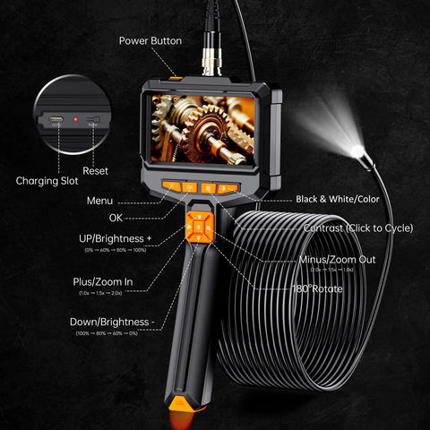 Pro Borescope Camera With Light, 4.3 Inch HD Screen, showing features and control buttons, coiled 16.4FT semi-rigid cable