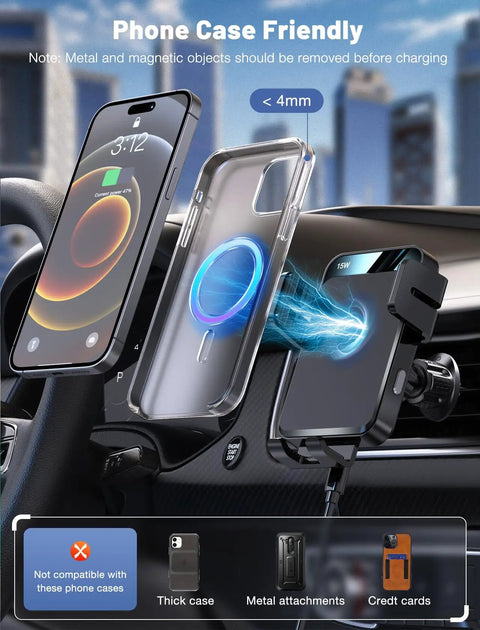 Auto Clamping Wireless Car Charger Mount With Air Vent Holder 15W 10W 7.5W Fast Charging shown in car interior