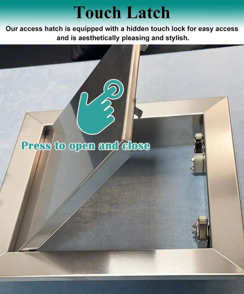 Stainless Steel Drywall Access Door With Slick Push Latch For No Sweat Ceiling Install, showing touch latch for easy access.
