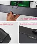 HiFi Computer Soundbar For Desktop PC And Mac USB Plug In Wired External Speakers With RGB Gaming Lights HD Stereo Punchy Bass Volume Knob USB C Adapter Perfect For Desk And Monitor, shown with anti-slip silicone pads, and volume knob detail