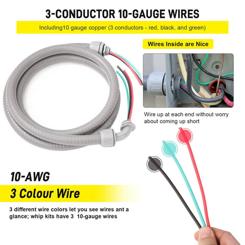 Straight Up Built Half Inch By 4 Feet Non Metallic Liquid Tight AC Whip Kit With Top Shelf 10 Gauge Copper Wire And Brass Fittings Ready To Roll For HVAC Setup showing 3-conductor 10-gauge copper wires.