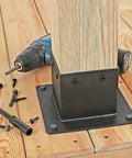 4x4 Post Base Bracket Two Pack, With Preinstalled Fasteners For Easy No Tool Assembly installed on wooden deck