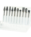 Front view of YUFUTOL 10pc double-cut carbide burr set with 3mm shank for die grinders in a clear plastic case