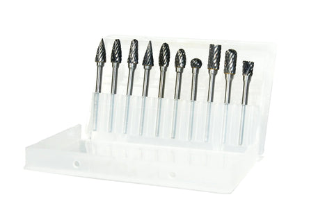 Front view of YUFUTOL 10pc double-cut carbide burr set with 3mm shank for die grinders in a clear plastic case