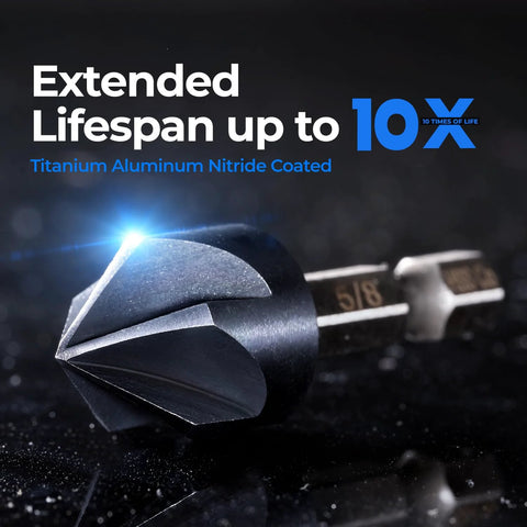 Toolant Noir-Ti cobalt countersink drill bit, TiAlN coating with quick-change hex shank; close-up view