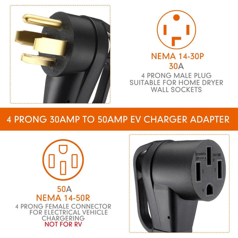 Straightup Solid Gear Nema 14To30P To 14To50R Ev Charger Adapter showing 4 prong plugs for 30A and 50A EV charging.