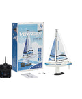 Voyager 280 2.4GHz RC Sailboat With Detachable Electric Motor, box and remote control, blue finish, indoor outdoor use