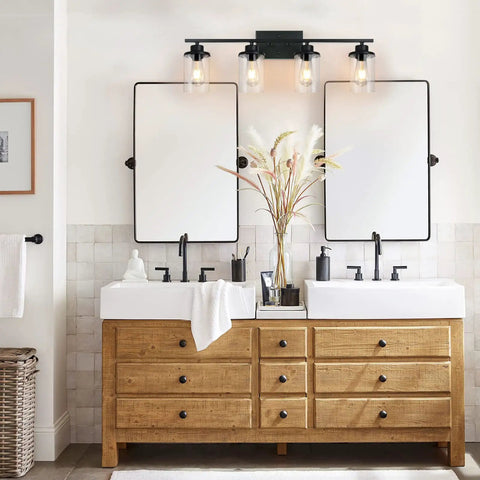 Dope Four Light Matte Black Vanity Lights Over Mirror Farmhouse Style Wall Sconces With Clear Glass Shades for bathroom