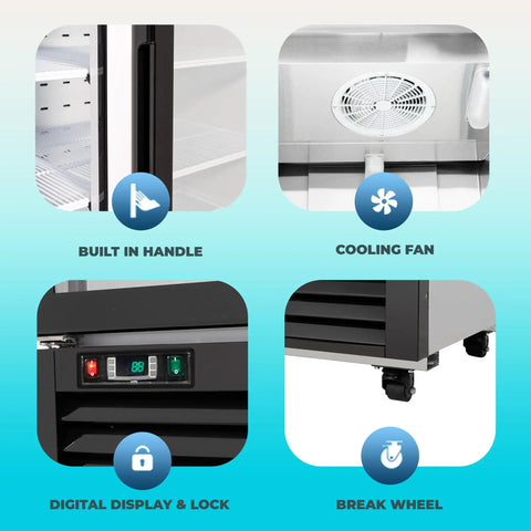 Shop Grade 49 Cubic Foot Double Glass Door Commercial Merchandiser Freezer In Clean White with built-in handle, cooling fan, digital display, and lock.