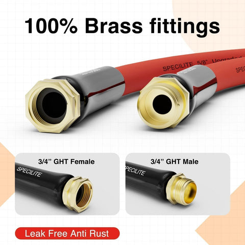 SPECILITE 5/8 inch rubber garden hose, red, with 3/4 inch brass fittings for outdoor use.