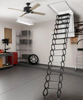 Rock Solid Electric Attic Ladder With Remote Controlled Folding Pull Down Loft Stairs Built Tough From Scratch Resistant Titanium Magnesium Alloy for easy access in a garage.