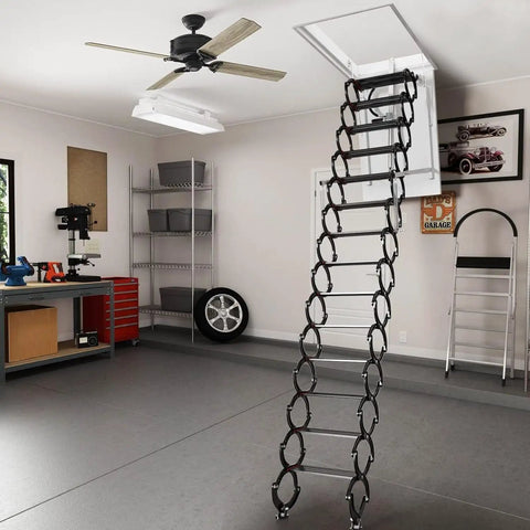 Rock Solid Electric Attic Ladder With Remote Controlled Folding Pull Down Loft Stairs Built Tough From Scratch Resistant Titanium Magnesium Alloy for easy access in a garage.