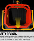 6 Inch Wood Chipper Shredder Mulcher with Kohler 429cc 14HP Gas Engine shown with safety emergency stop button and bar