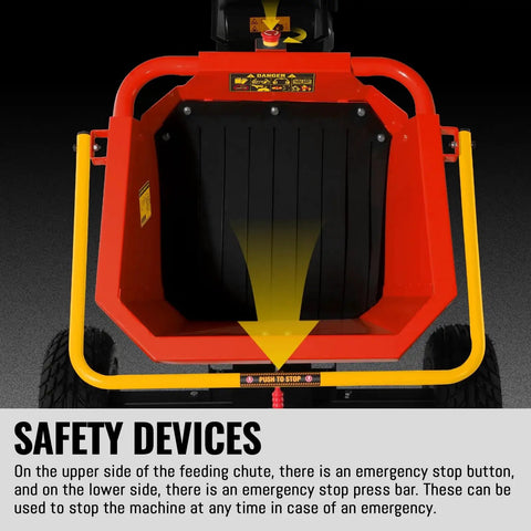 6 Inch Wood Chipper Shredder Mulcher with Kohler 429cc 14HP Gas Engine shown with safety emergency stop button and bar