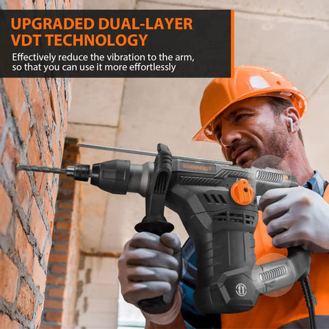 Construction worker using Heavy Duty SDS Plus Rotary Hammer Drill 1-1/4 Inch, 12.5 Amp, drilling into brick wall
