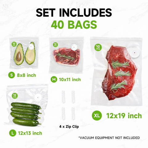 Front view: Vixino vacuum sealer bag set, 40 BPA-free bags in S 8x8, M 10x11, L 12x13, XL 12x19 with 4 zip clips