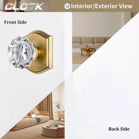 2 Pack Crystal Glass Dummy Door Knobs Non-Turning Single Side In Antique Brass With Zinc Alloy Rosette Front And Back View