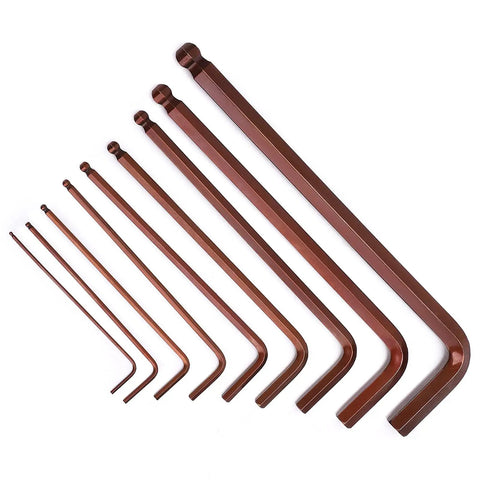 Premium 9 Piece Ball Head Hex Key Wrench Set Made From Alloy Steel With Long Arms For Tight Spots And Deep Holes Perfect For Furniture Assembly Car Fixes Or Home Upgrades That Get The Job Done Right. 9-piece alloy steel ball head hex key set, angled view