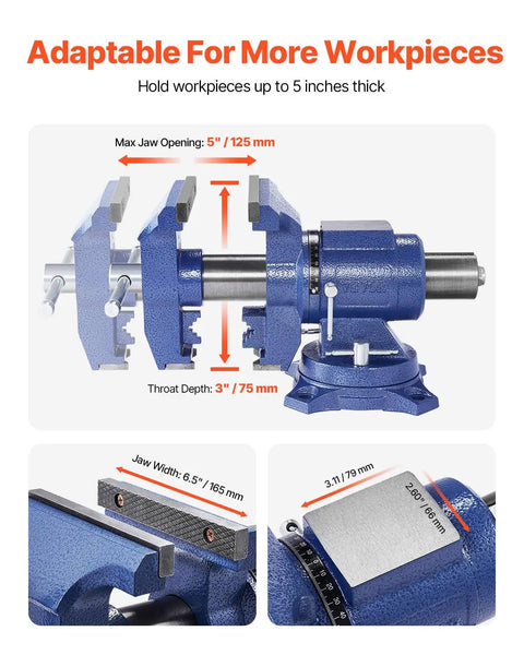 Heavy Duty Bench Vise With 6.5 Inch Jaw Width And 5 Inch Opening, features showing swivel base and jaw measurements