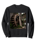 Black Industrial Gear Ruin Factory Machinery Sweatshirt With Classic Fit Seamless Body Smooth Silhouette and ribbed collar.