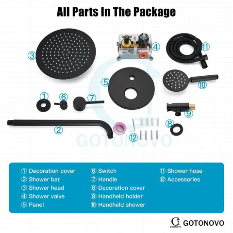 Rain Shower System With 10 Inch Round Showerhead And Handheld High Pressure Faucet Set parts layout in matte black finish