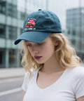 Woman wearing Funny Camping RV Camper Truck Hat For Women - Adjustable Buckle, Vintage Style Photo Prop Cap, cyan blue