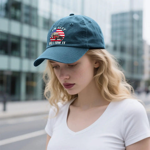 Woman wearing Funny Camping RV Camper Truck Hat For Women - Adjustable Buckle, Vintage Style Photo Prop Cap, cyan blue