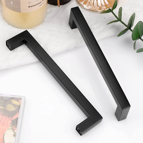 Heavy Duty Matte Black Square Cabinet Pulls showing two 5-inch stainless steel handles for cabinetry upgrades.