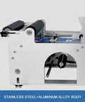Slick Semi Automatic Label Applicator For Round Bottles With Built In Printer and Self Adhesive Coding System For Quick Turnaround and No Sweat Operation On Any Desktop, stainless steel and aluminum alloy body.