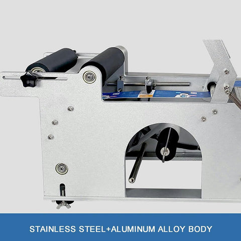 Slick Semi Automatic Label Applicator For Round Bottles With Built In Printer and Self Adhesive Coding System For Quick Turnaround and No Sweat Operation On Any Desktop, stainless steel and aluminum alloy body.