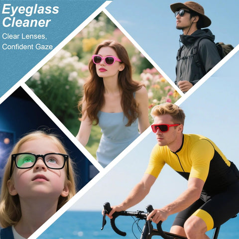 Eyeglasses collage of four people wearing eyewear in outdoor settings.