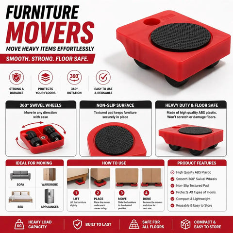 Heavy Duty Furniture Mover Kit With Lifter Tool And 360 Degree Roller Sliders Moves Sofas Beds Fridge Washing Machine Up To 660 Lbs Floor Safe Sliders Easy Move Apartment Stuff red plastic roller slider with non-slip surface and 360-degree swivel wheels.