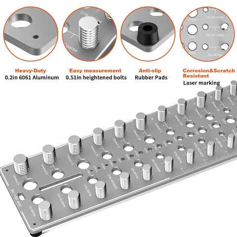 51 In 1 Bolt Size Finder And Thread Checker With 32 Metric And 32 SAE Nut And Bolt Gauges, CNC Machined Aluminum Screw Size Chart